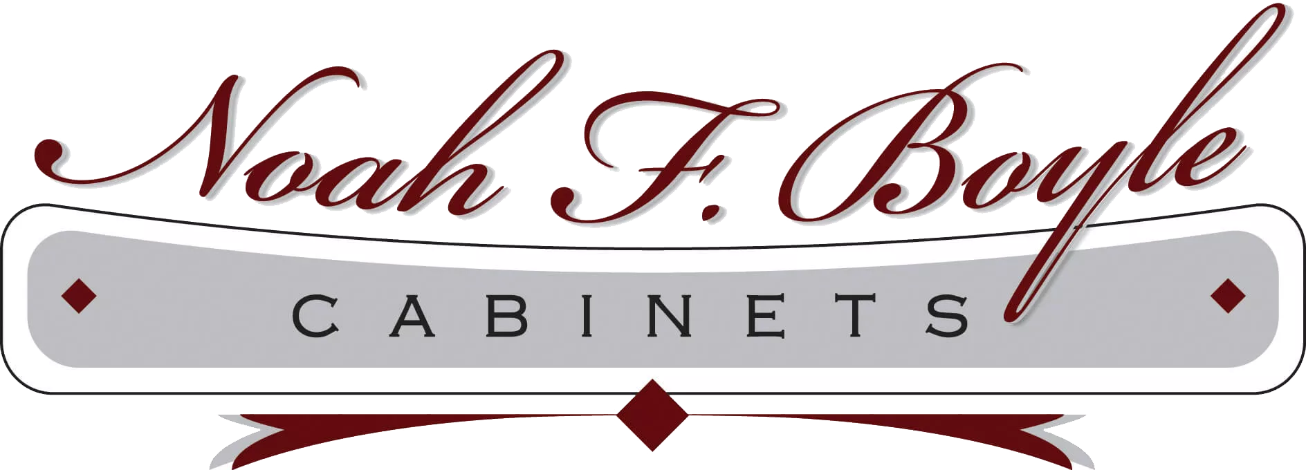 Logo for Noah F. Boyle Cabinets, featuring elegant script text above a gray banner with the word "CABINETS" in black capital letters and red diamond accents.